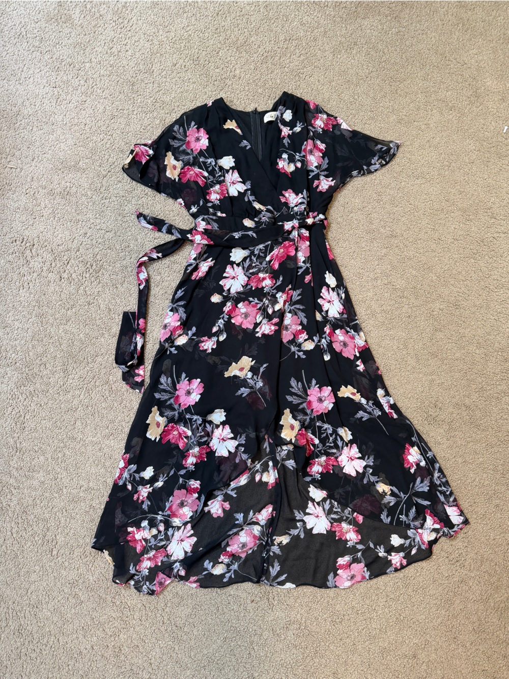 Floral High-Low Wrap Dress in Black with Pink Accents